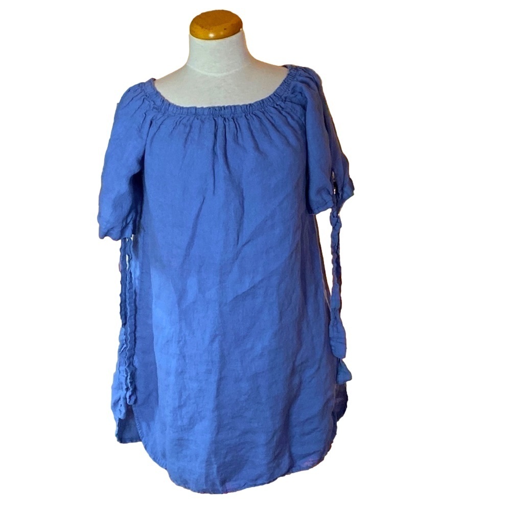🌷 100% Linen 🌷 Blue Bow Tie Sleeve Linen Dress From Italy 🇮🇹